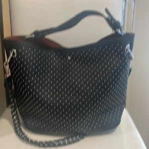 Black leather tote Shoulder bag with metal detail on front ,